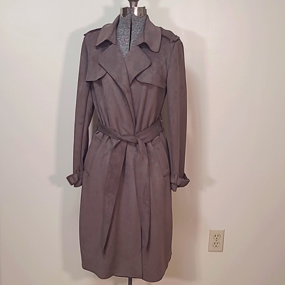 Joan Vass Classic Brown Open Front Trench Coat Faux Suede Small
